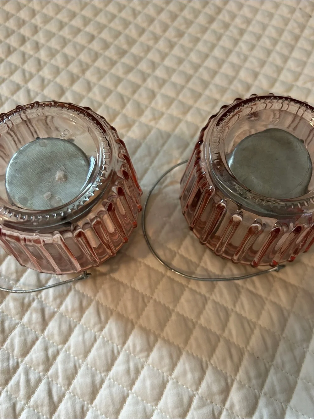 Set of Two Pink Glass Lanterns with Metal Lids and Handles